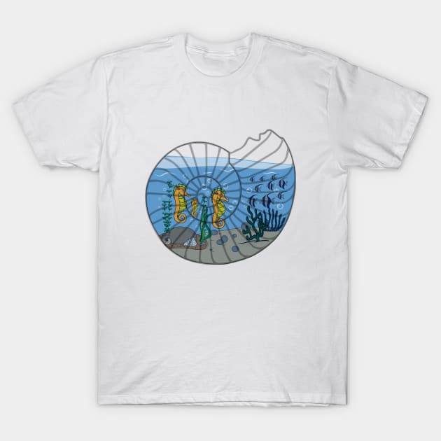 Sea Life in a shell, snail shell art T-Shirt by Julorzo